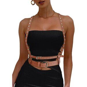 Women Brown  Waist Belt Rivet Body Chain Punk Leather Rock Belts Rave